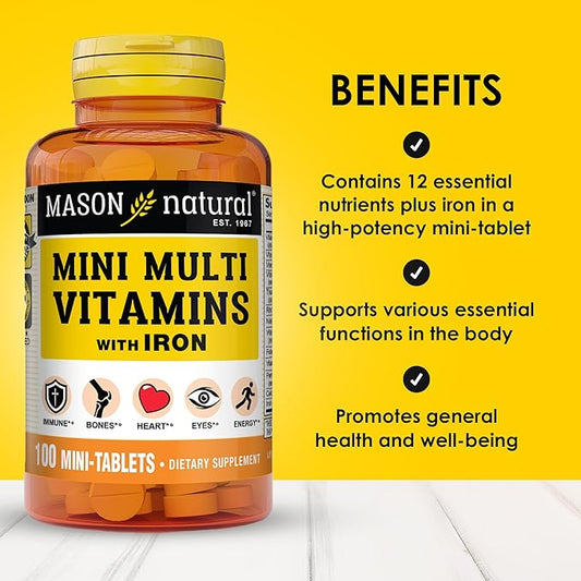 MASON NATURAL Daily Mini Multi Vitamins with Iron, Vitamins A, C, D, E, B1, B2, B3, B6, B12, Folate & Calcium, 100 Day Supply per Bottle (3-Pack)