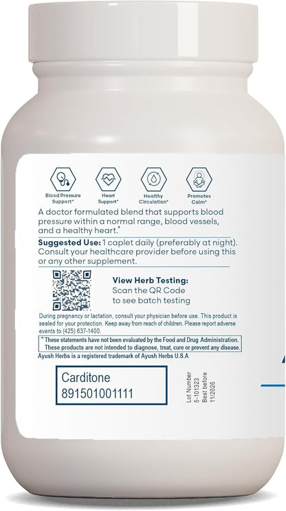 Ayush Herbs Carditone - Natural Heart Health Supplement for Women & Men, BP Formula, Holistic Heart Support with Rauwolfia, Arjuna, Calcium, and Magnesium - 60 Vegetarian Caplets (1 Count)