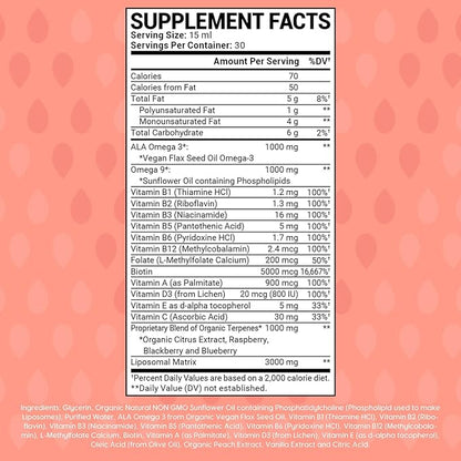Women’s Multivitamin 450ML of Natural Peach Flavored Supplement Increasing Heart, Memory, and Nervous System, with Omega 3, Liposomal, and 5000MCG of Biotin for Healthy Hair