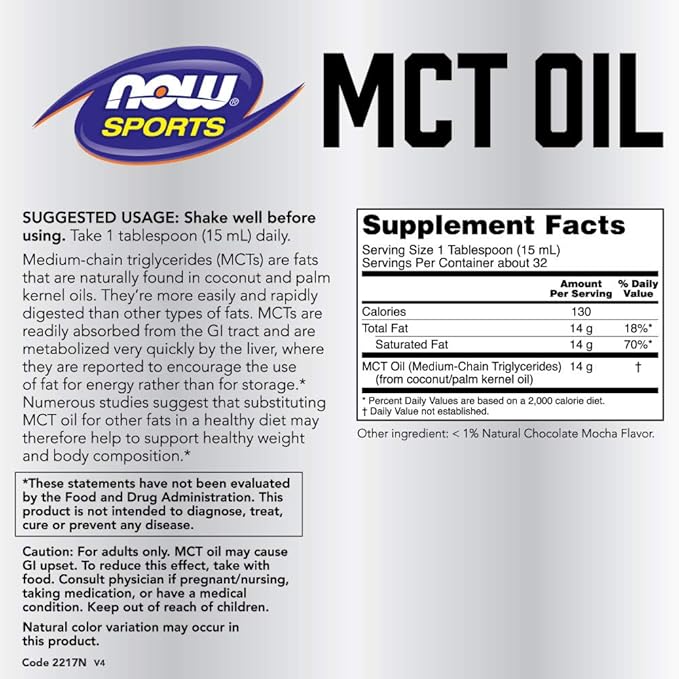 NOW Sports Nutrition, MCT (Medium-chain triglycerides) Oil, Chocolate Mocha, 16-Ounce