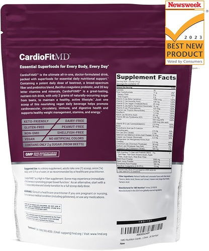 1MD Nutrition CardioFitMD - Vegan Beets Superfood Keto-Friendly Heart Health Powder - Nitric Oxide Supplement - Beet Root Powder for Healthy Blood Pressure & Circulation - High Fiber Drink - 30 Days