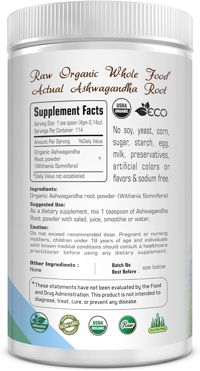 Certified Organic Ashwagandha Root Powder 16Oz -1Lb. Natural 100% Natural
