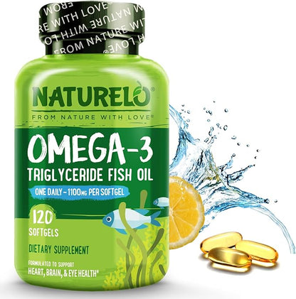 NATURELO Burpless Omega 3 Fish Oil Supplement 1100mg Triglyceride Omega-3, EPA 3 for 120 Softgels, 4 Months