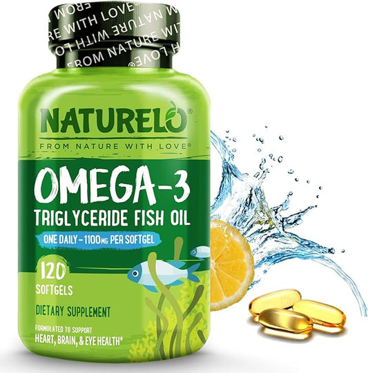 NATURELO Burpless Omega 3 Fish Oil Supplement 1100mg Triglyceride Omega-3, EPA 3 for 120 Softgels, 4 Months