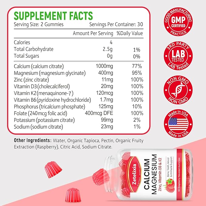 Sugar Free Calcium Gummies for Women D3 & K2, Calcium 120 Count