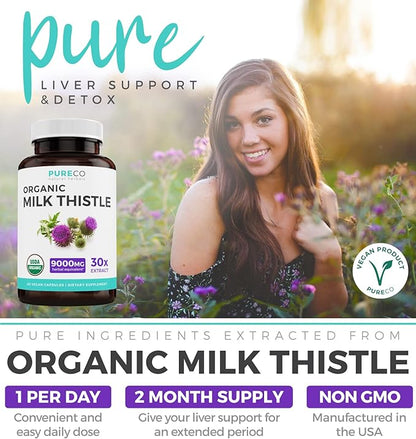 USDA Organic Milk Thistle Capsules 80% Silymarin 300mg of 30:1 Milk 9,000mg - 60 Day