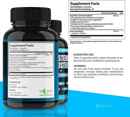 Dr. Emy's (2 Pack Testosterone Booster-Tongkat Ali Fadogia Agrestis Nitric Oxide Ashwagandha Supplement for Men with L Arginine Citrulline Fenugreek - Turkesterone Pre Workout Pump (120 Capsules)