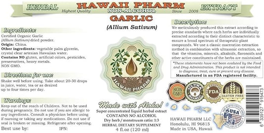Garlic Alcohol-Free Liquid Extract, Organic Garlic (Allium sativum) Dried Powder Glycerite Hawaii Pharm Natural Herbal Supplement 4x4 oz
