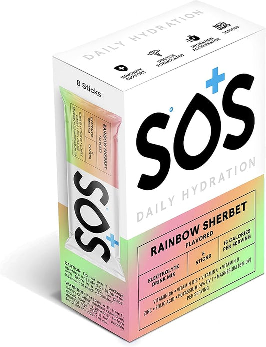 SOS Hydration Electrolyte Powder Packets, 8 Stick Packets (Rainbow Sherbert)
