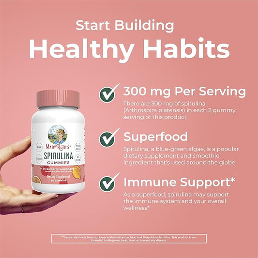 MaryRuth Organics Spirulina Gummies Made with Organic Spirulina | Superfood Gummies for Ages 14+ | Vegan | Non-GMO | 90 Count