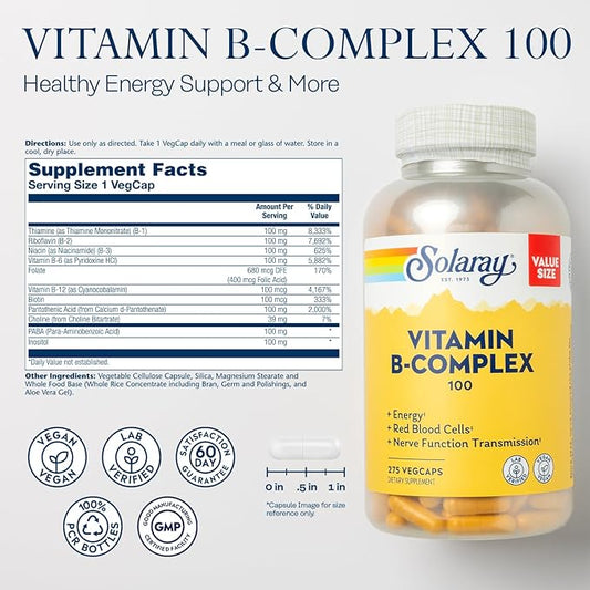 SOLARAY Vitamin B Complex 100 mg, B6, B12, B12, Biotin, 275 VegCaps