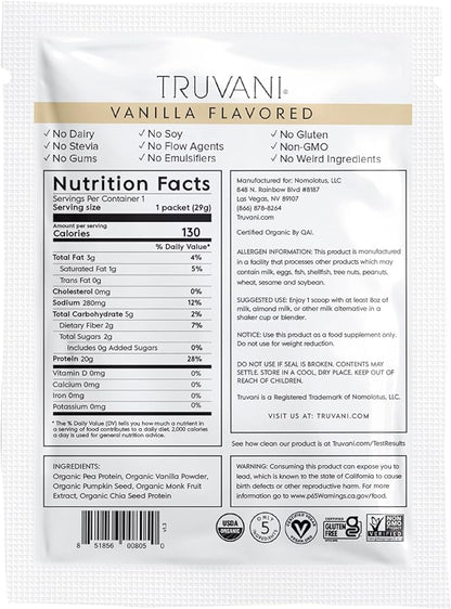 Truvani Vegan Pea Protein Powder 20g Organic 1 Serving