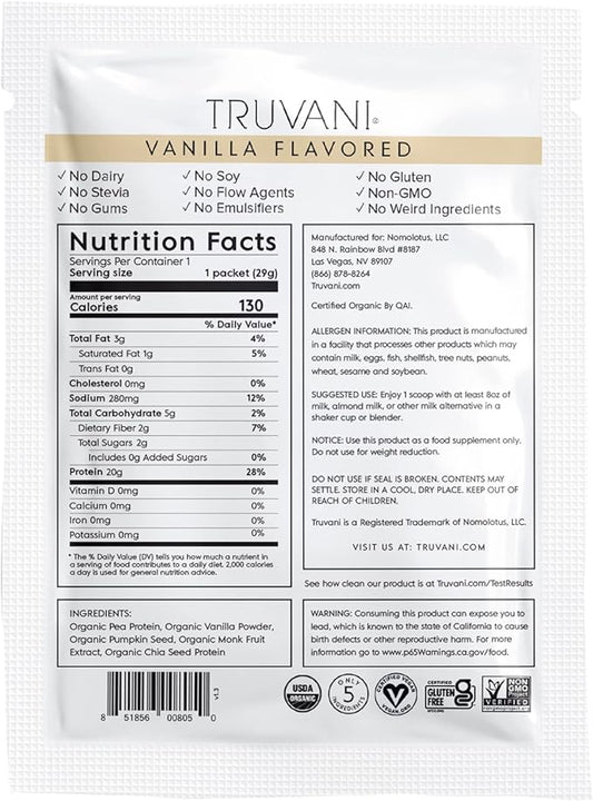 Truvani Vegan Pea Protein Powder 20g Organic 1 Serving
