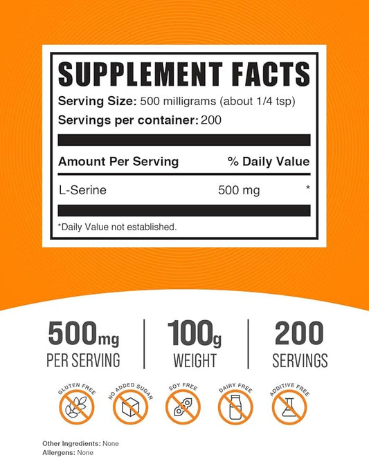 BulkSupplements.com L-Serine Powder - Serine Supplement, L-Serine 500mg - Amino Acid Supplement for Immune Support - Gluten Free, 500mg per Serving, 100g (3.5 oz) (Pack of 1)