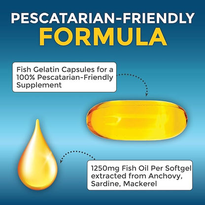 Omega 3 Fish Oil Supplement - 2500 mg Triple Strength Fish Oil Pills with Re-Esterified Omega 3 Fatty Acids Including EPA, DHA DPA - 180 Pescatarian-Friendly Softgels