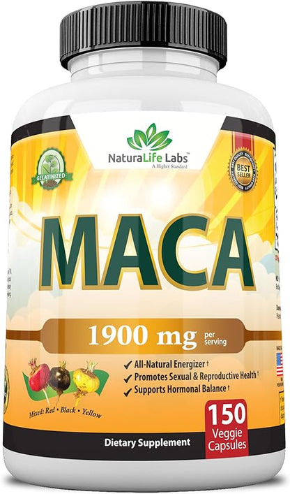 Organic Maca Root Black, Red, Yellow 1900 MG 150 Vegan 100% Pure