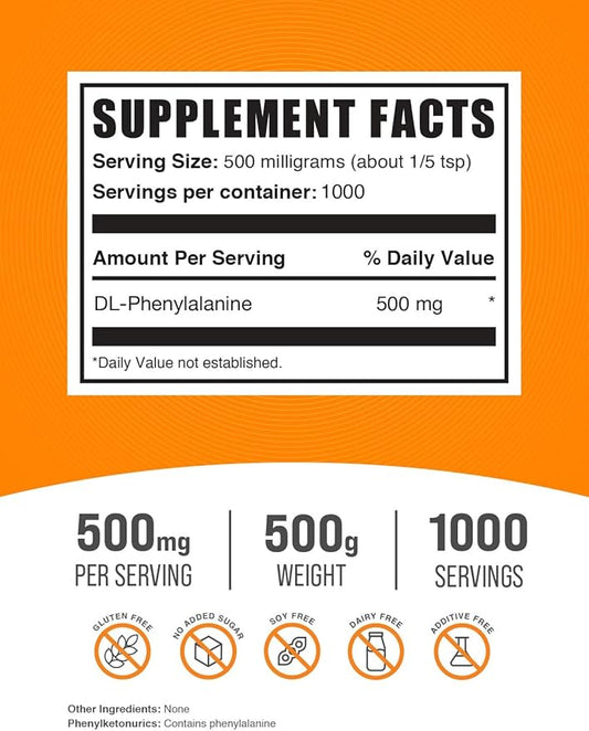 BulkSupplements.com DL-Phenylalanine Powder - DLPA Powder, DL-Phenylalanine 500mg - DLPA Supplements, Amino Acid - Gluten Free, 500mg per Serving, 500g (1.1 lbs) (Pack of 1)
