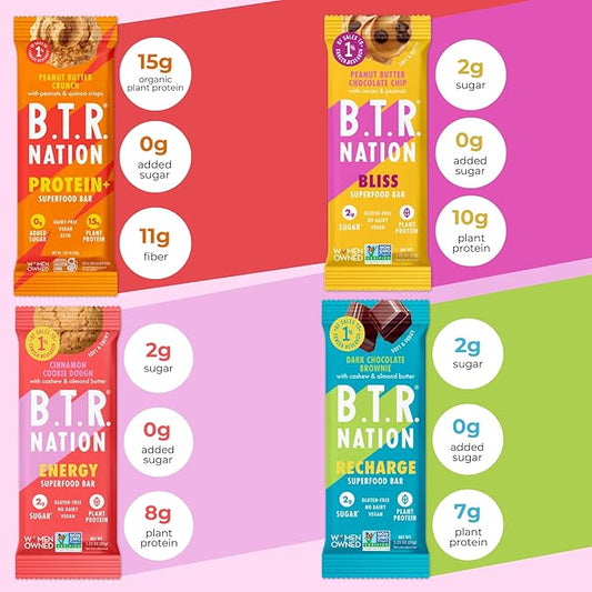 B.T.R. Bar Superfood Keto Protein Bars, Plant Based Vegan Protein, Low Carb Food, Low Calorie, Gluten Free, No Sugar Alcohols, Boosted with Superfoods - (12 Pack) (Variety Pack)