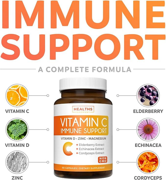 Immune Support Supplement (Non-GMO) Elderberry Vitamin 500mg Immune 60 Vegetarian