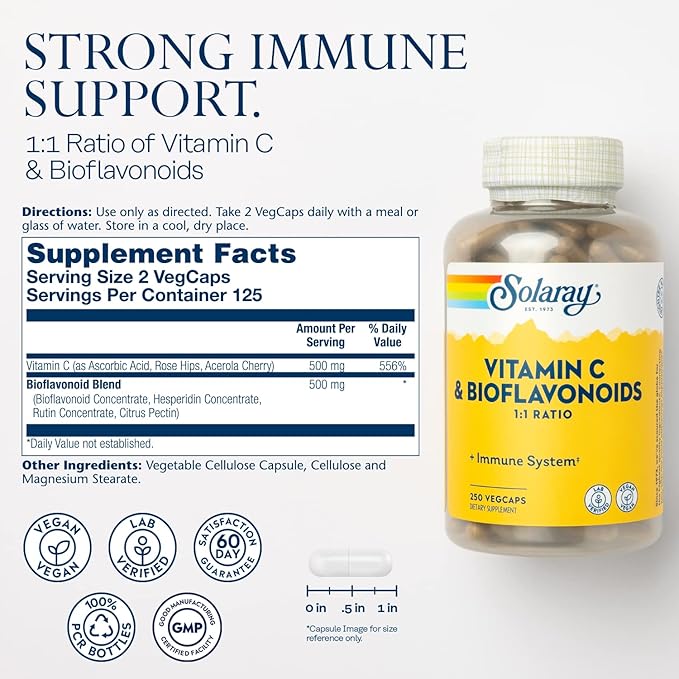 SOLARAY C w/Bioflavonoids, Veg Cap (Btl-Plastic) 500mg 100ct 100ct (250 (250 CT, 125 Serv.)
