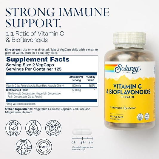 SOLARAY C w/Bioflavonoids, Veg Cap (Btl-Plastic) 500mg 100ct 100ct (250 (250 CT, 125 Serv.)