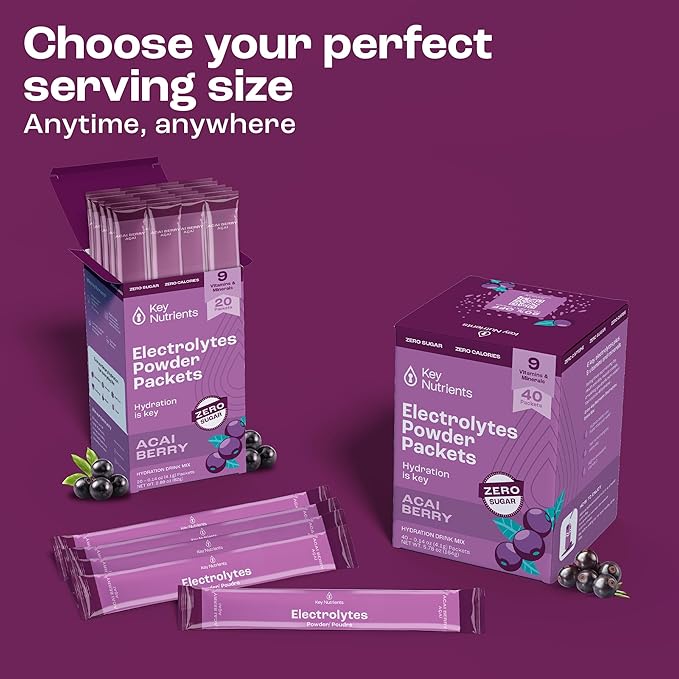 KEY NUTRIENTS Multivitamin Electrolytes Powder Packets - Delicious Acai Berry 40 Pack Hydration Packets - Travel Hydration Powder - No Sugar, No Calories, Gluten Free - Made in USA