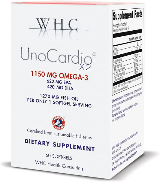 UnoCardio X2 Fish Oil, Triglyceride Omega-3 1270 mg (622 mg 420 mg 1150 mg Omega-3 per 60 softgels