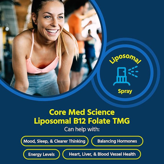 Core Med Science Liposomal B12 Folate TMG Liquid Spray Supplement for Women & Men - Supports Mood, Cognitive, & Heart Health - Vitamin B9 & Betaine for Homocysteine Levels & Methylation Cycle, 1 Fl Oz