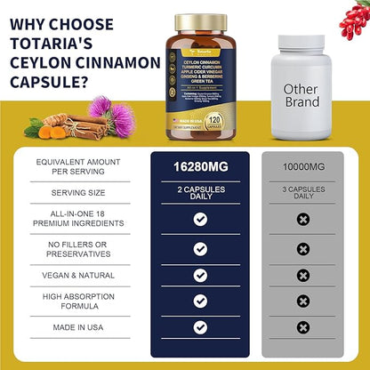 18-in-1 Ceylon Cinnamon Capsules, Ultra Strength 8000mg, Berberine Heart,120 Caps