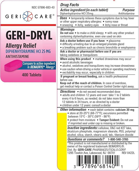 GeriCare Geri-Dryl Diphenhydramine HCl 25mg, Allergy 400 Count 1)