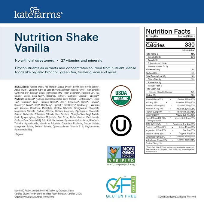 KATE FARMS Organic Nutrition Shake, Vanilla, 16g protein, 27 Vitamins 11 oz (6 Pack)
