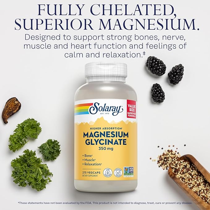 SOLARAY Magnesium Glycinate Capsules, Chelated Magnesium 68 Serv, 275 VegCaps