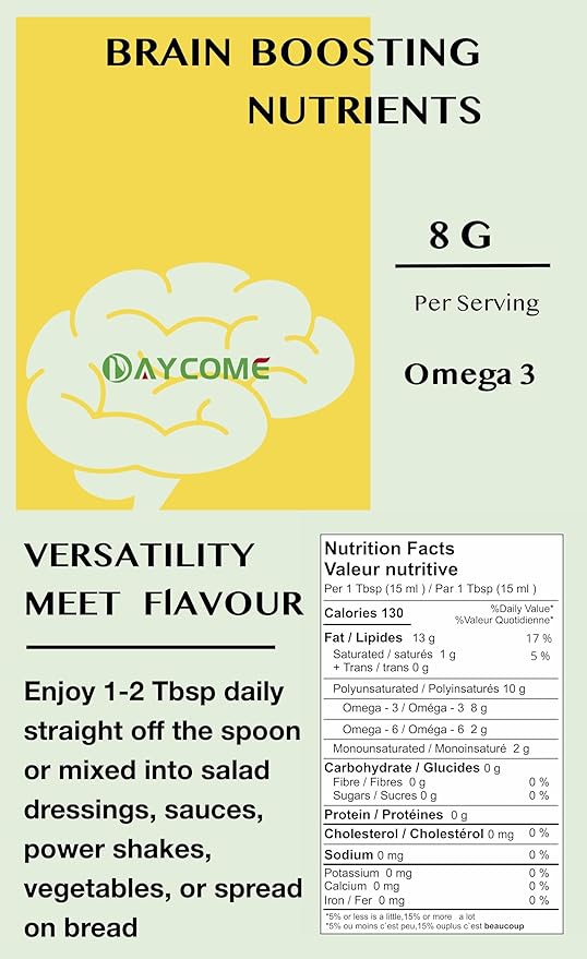 Canadian Organic Flaxseed Oil - 100% Pure, Cold presss, Unrefined, Non-GMO-Saskatchewan Harvest - Essential Fatty Acids for Wellness- 8 g Omega3 per Serving