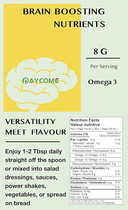 Canadian Organic Flaxseed Oil - 100% Pure, Cold presss, Unrefined, Non-GMO-Saskatchewan Harvest - Essential Fatty Acids for Wellness- 8 g Omega3 per Serving