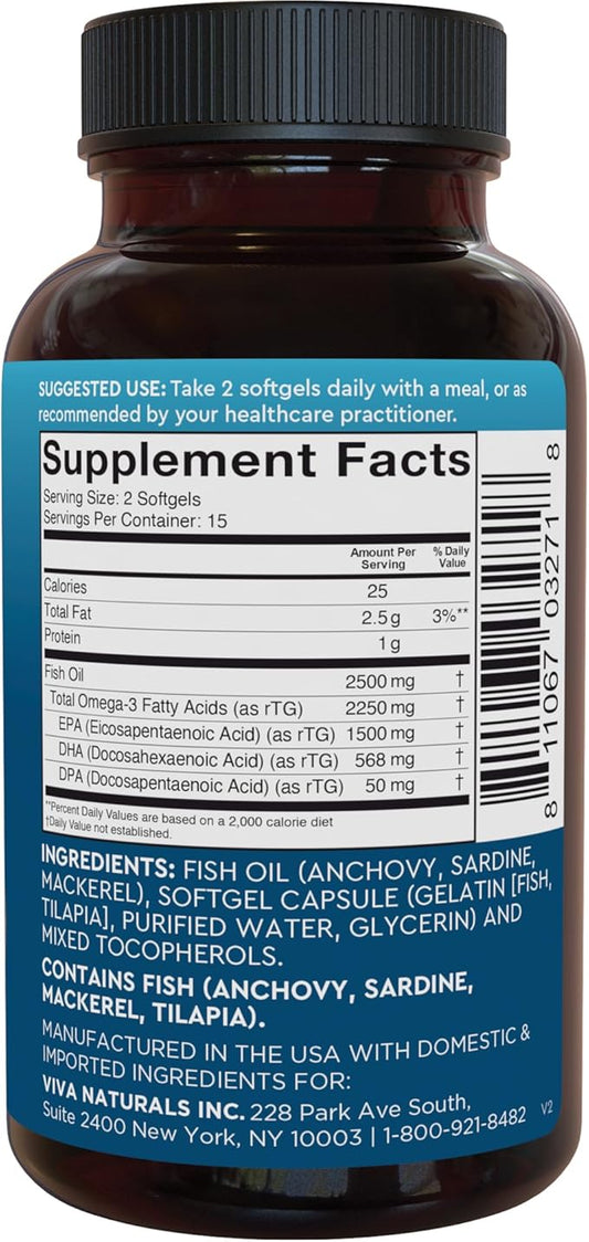 Viva Naturals Triple Strength Omega 3 2500 mg 3 Fatty 30 Pescatarian-Friendly
