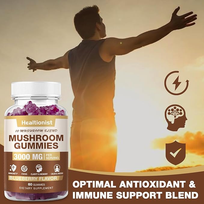2 Packs 3000MG Mushroom Complex Gummies 10 Blend - Lion's Mane Gummies for Adults, Cordyceps, Shiitake, Reishi, Chaga, Brain, Immune Support & Stress Relief, Energy Mushroom Supplement for Men & Women