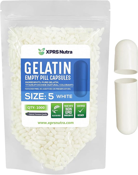 XPRS Nutra Size 5 Empty Capsules - 1000 Count Very Small Empty Gelatin Capsules - Empty Pill Capsules for DIY Capsule Filling - Fillable Pill Capsules Empty Gel Caps (White)