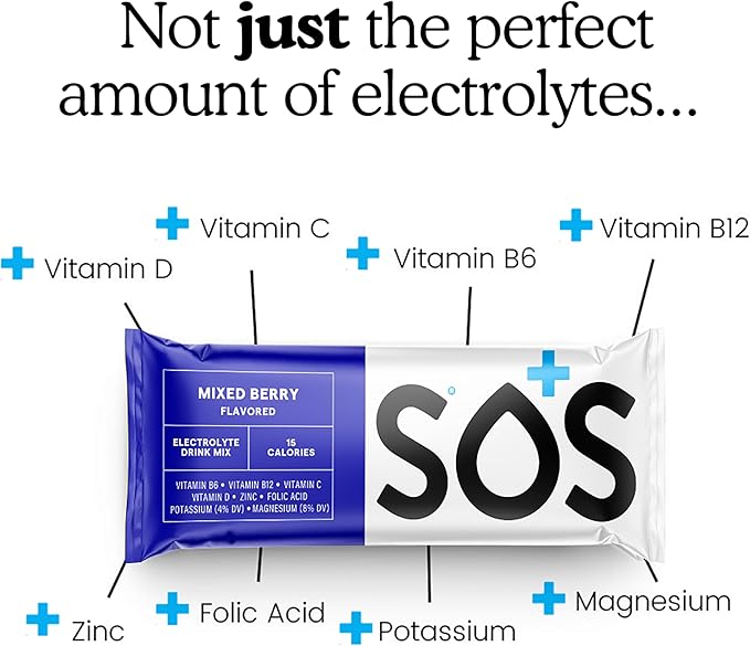 SOS Hydration Electrolyte Powder Packets, Mixed Berry Flavor, 8 Stick Packs – Low-Calorie, Rapid Rehydration, Made in USA, Keto & Vegan Friendly