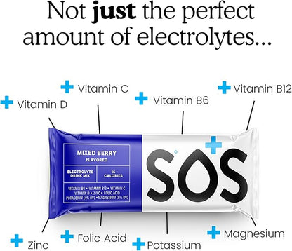 SOS Hydration Electrolyte Powder Packets, Mixed Berry Flavor, 8 Stick Packs – Low-Calorie, Rapid Rehydration, Made in USA, Keto & Vegan Friendly