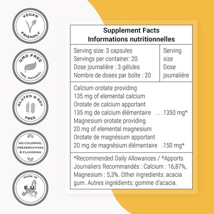 SuperSmart - Calcium Orotate with Magnesium Orotate 9:1 (Highly Bioavailable) - Advanced Teeth & Bones Strength Supplement | Non-GMO & Gluten Free - 60 Vegetarian Capsules