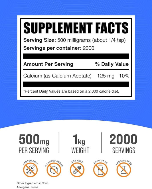 BulkSupplements.com Calcium Acetate Powder - Calcium Supplement, Calcium Acetate Supplement - Food Grade & Gluten Free, 500mg (125mg Calcium) per Serving, 1kg (2.2 lbs) (Pack of 1)