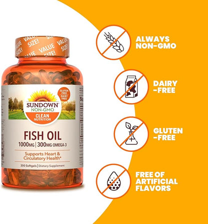 Sundown Fish Oil 1000 mg, Omega 3 Dietary 200 Softgels