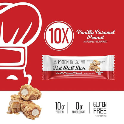 Genius Gourmet Protein Nut Roll Bars Vanilla Caramel Peanut - 10g Protein, Zero Added Sugar, Gluten Free, Non-GMO - Sweet Protein Snack & Protein Dessert for Adults and Kids - 10 Ct Box