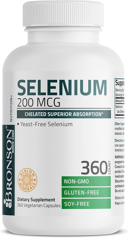 Bronson Selenium 200 mcg – Yeast Free Chelated Amino Acid Complex - Essential Trace Mineral with Superior Absorption, 360 Vegetarian Capsules