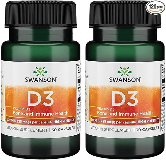 Swanson High Potency Vitamin D-3 1000 (25 mcg) 30 Capsules (2 Pack)