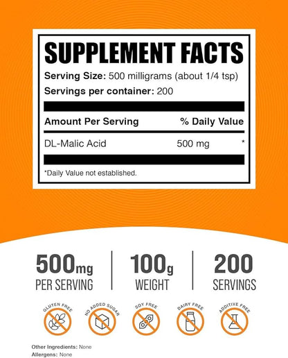 BulkSupplements.com Malic Acid Powder - Malic Acid Supplement, Malic Acid Powder Food Grade - for Energy & Skin Support, Gluten Free - 500mg per Serving, 100g (3.5 oz)