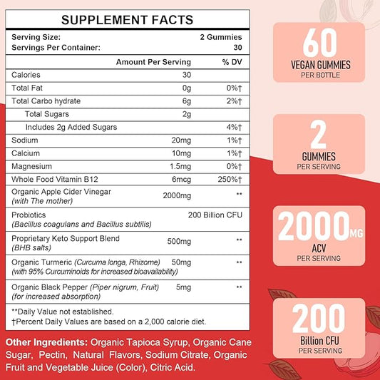 Apple Cider Vinegar Gummies, Max Strength 2000mg ACV Gummies with Probiotics, B12 and Keto, for Digestion, Metabolism, Gut & Immune Health, Gelatin-Free, Vegan & Non-GMO, 180 Gummies