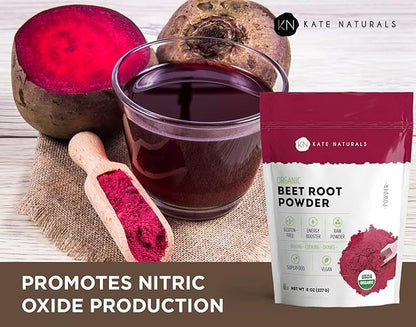 Kate Naturals Beet Root Powder Organic for Smoothie & Energy Boost. Nitric Oxide Supplement for Workout (8oz, Earth Flavor, Mix with Juice Easily)