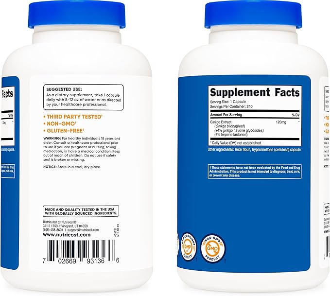 Nutricost Ginkgo Biloba 120mg; 240 Capsules (3 Bottles)