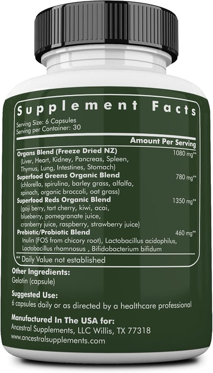 Ancestral Supplements Greens Powder Capsules, Organic 615mg Each, 180 Count